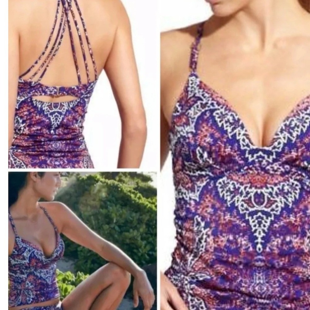 Athleta Aqualuxe Tankini Top Purple Red Paisley Caged Back Medium